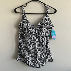 Swim Solutions Twister Tankini Top Tummy Control Black White Diamond Geo 16‎ NWT